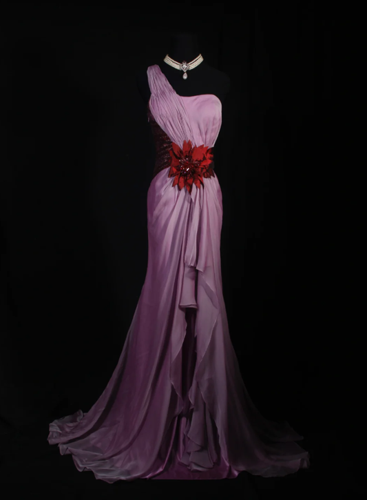 Pretty One Shoulder Chiffon Satin Mermaid Long Wedding Guest Dress Formal Birthday Party Dress With Appliques D2248