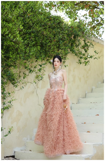 Gorgeous Strapless Pink Tulle Beaded A Line Birthday Prom Dress Evening Dresses D2423