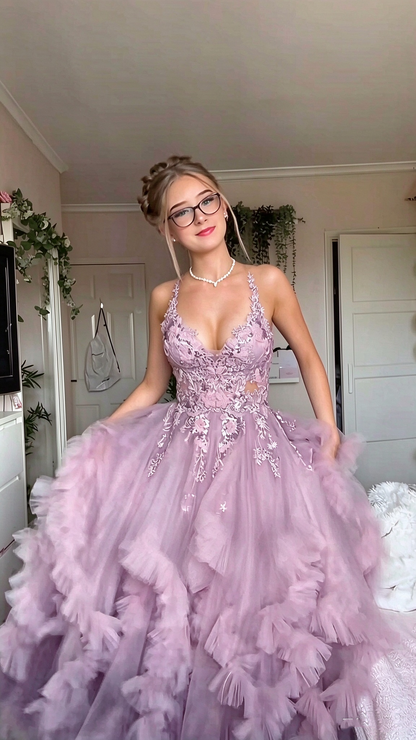 Modern Spaghetti Straps Purple Tulle Appliques Long Evening Dress Party Gowns D5446
