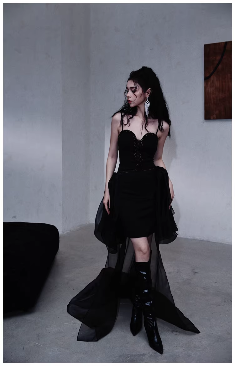 Gorgeous Black Organza Satin Beaded Long Party Dress Birthday Evening Dress D2445