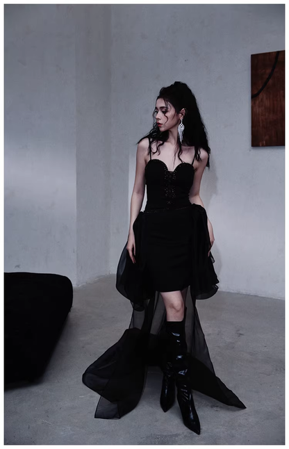 Gorgeous Black Organza Satin Beaded Long Party Dress Birthday Evening Dress D2445