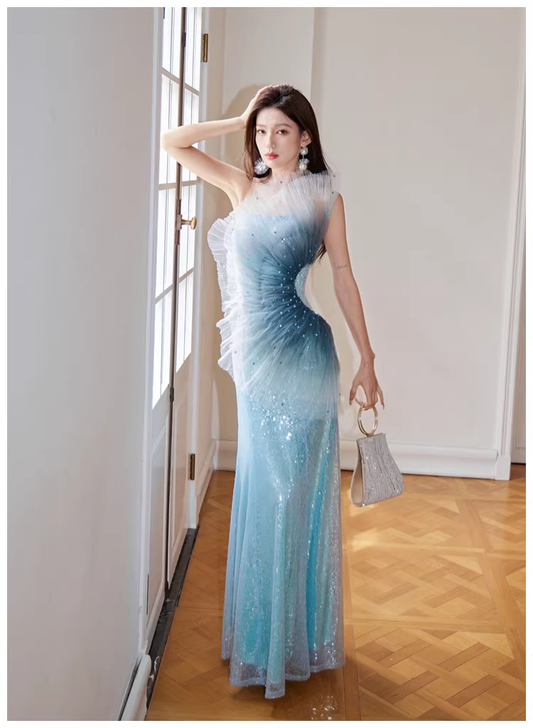 Glamorous Blue Tulle Sequin Mermaid Long Evening Dress Formal 19th Birthday Outfits With Beads D2400