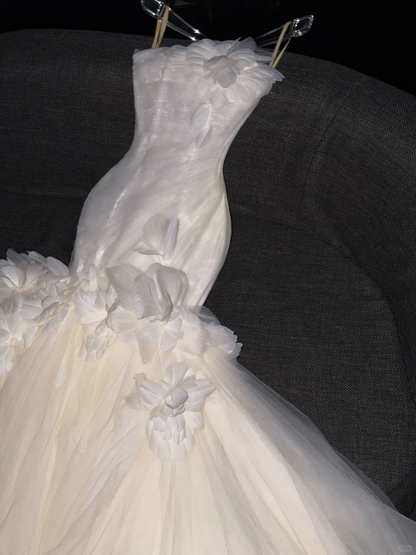 Classy Strapless White Tulle Pleated Floral Mermaid Long Wedding Dress D3081