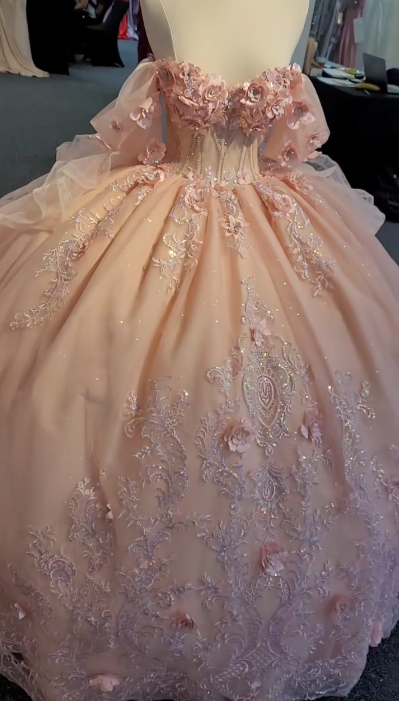 Charming Pink Off The Shoulder Tulle Sequin Appliques Princess Quinceanera Dress Sweet 17 Dress D1633