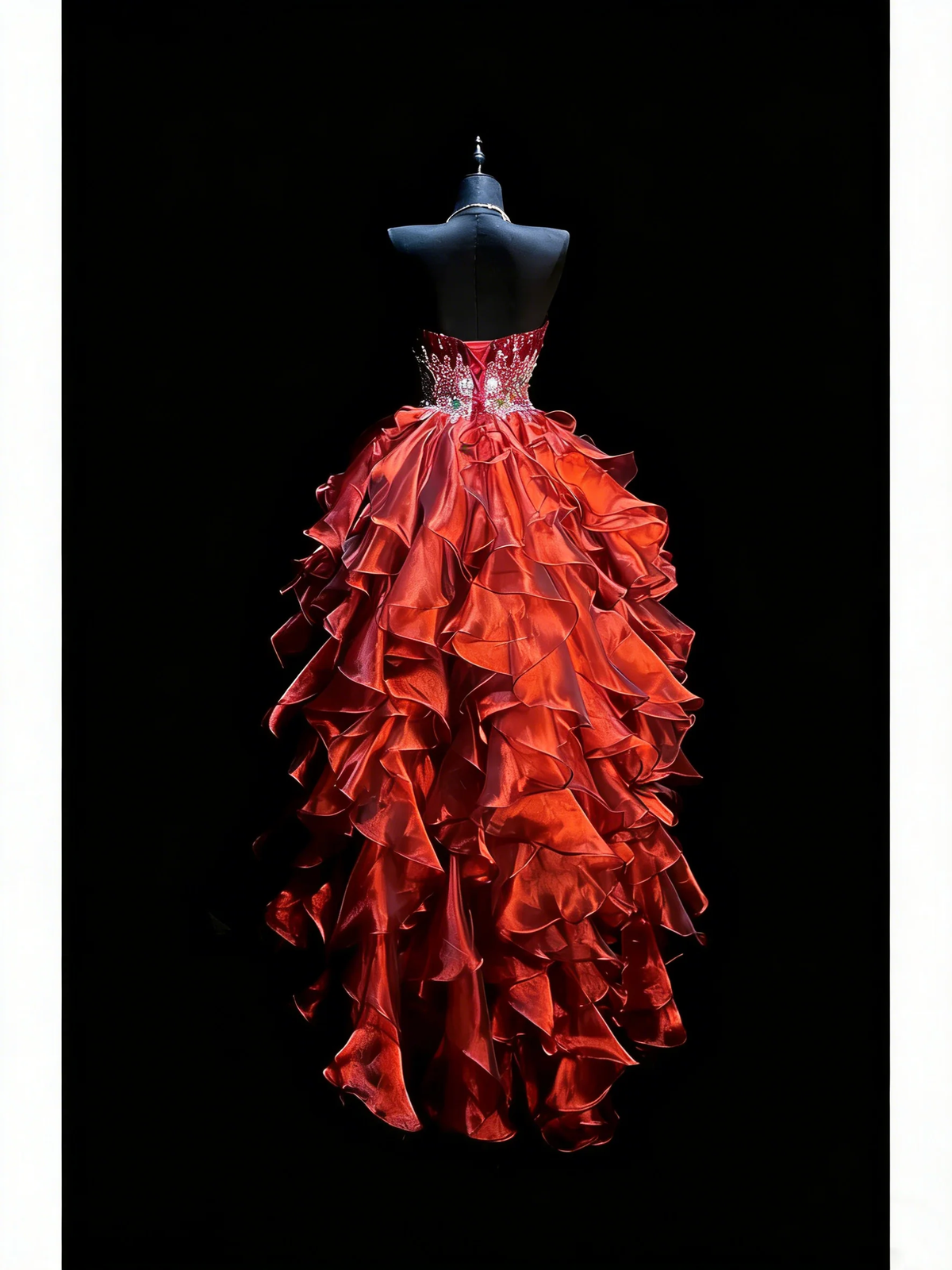 Princess Sweetheart Neck  Sequin Beaded Tulle Ruffle Tiered Long Evening Dress Red High Low Long Party Gown D4882