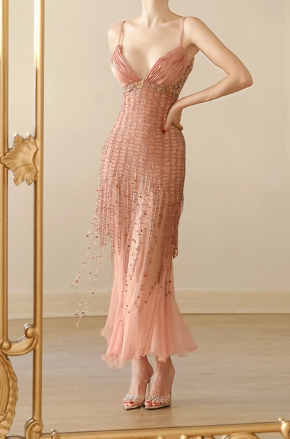 Glamorous Pink Spaghetti Straps V Neck Chiffon Beaded Tassel Mermaid Long Party Dress Evening Gown D2766