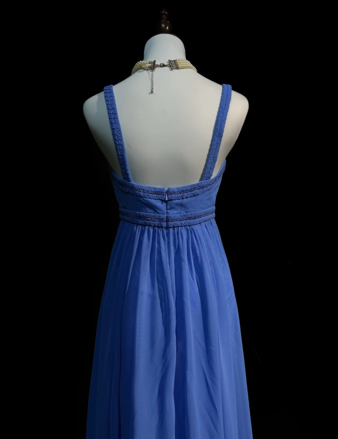 Elegant Spaghetti Straps Blue Chiffon Beaded Long Wedding Guest Dress,Formal Birthday Prom Dress Evening Dress D2072