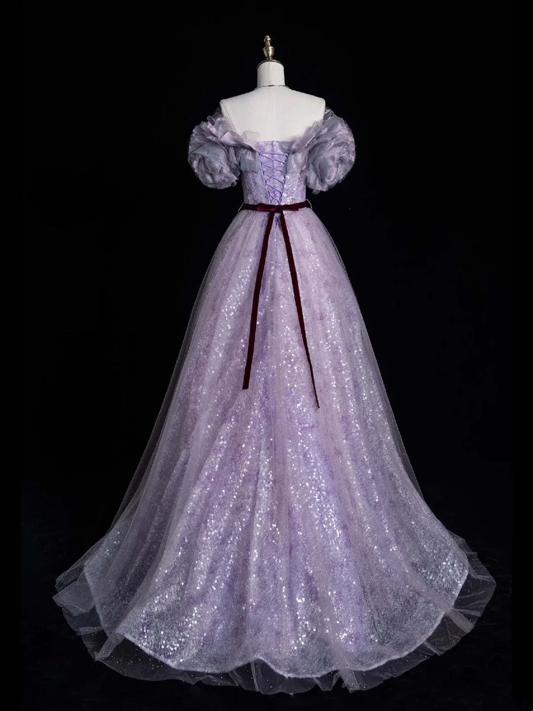 Charming Ball Gown Off The Shoulder Lilac Sequin Tulle Long Prom Dresses Evening Dress D4844