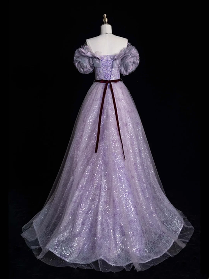 Charming Ball Gown Off The Shoulder Lilac Sequin Tulle Long Prom Dresses Evening Dress D4844