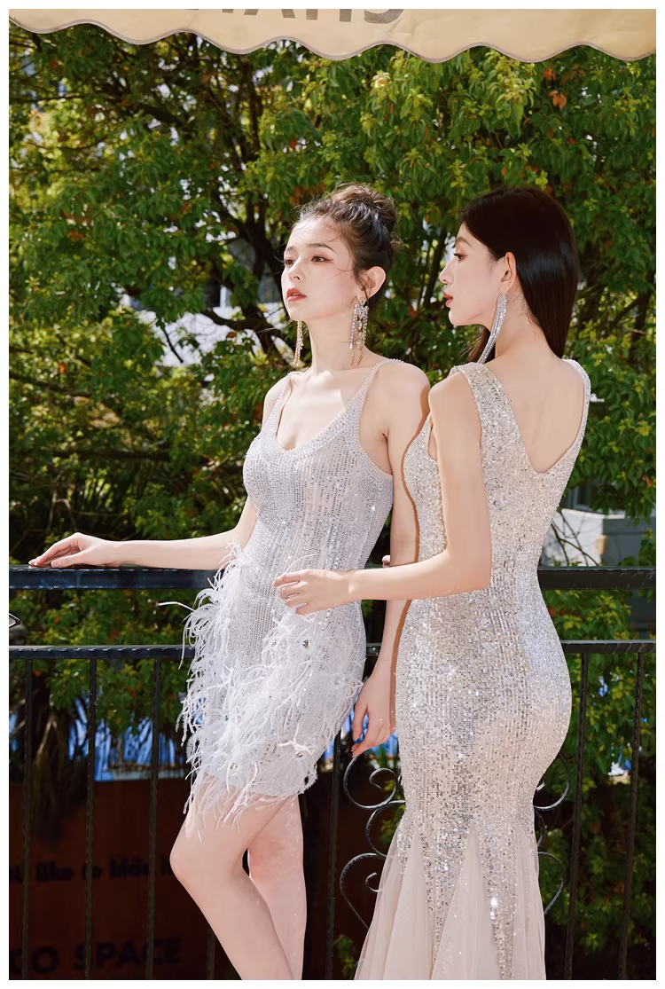 Glitter V Neck Champagne Silver Sequin Tulle Mermaid Long Evening Dress Party Gown D2399