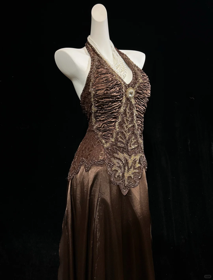 Retro Halter V Neck Brown Satin Beaded A Line Slit Long Party Dress Birthday Dress D2844