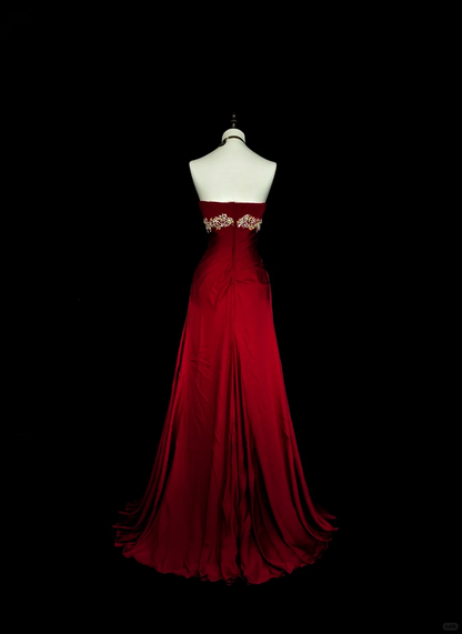 Vintage Sweetheart Neck Satin Pleated Beaded Evening Dress Burgundy Mermaid Long Party Dress D5378