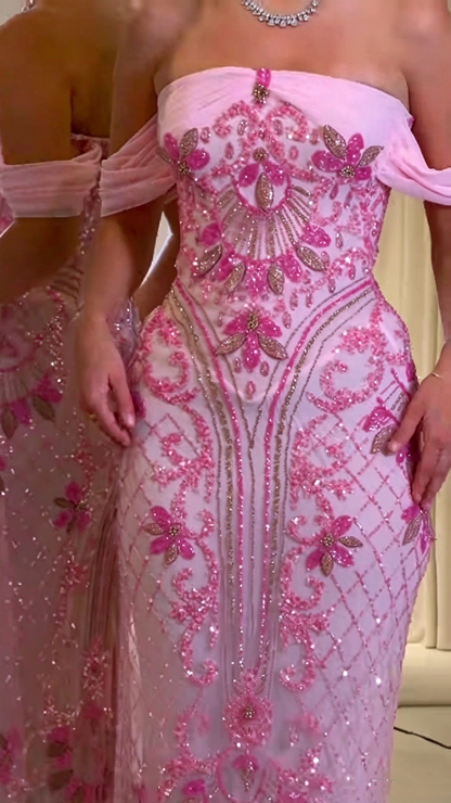 Gorgeous Off The Shoulder Tulle Beaded Long Party Dress Pink Long Birthday Evening Gowns D5241