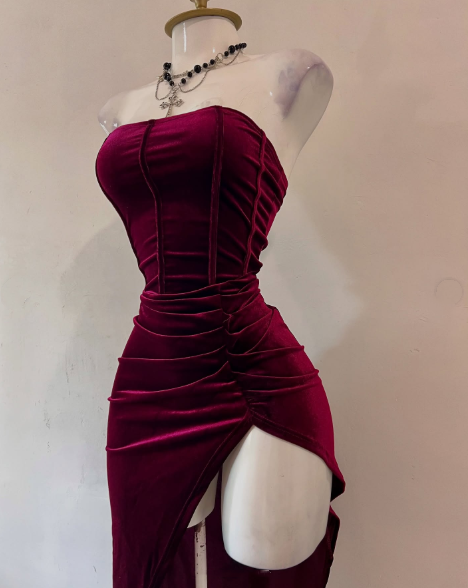 Sexy Strapless Slit Party Dress Burgundy Birthday Dress  S268