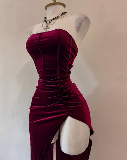 Sexy Strapless Slit Party Dress Burgundy Birthday Dress  S268