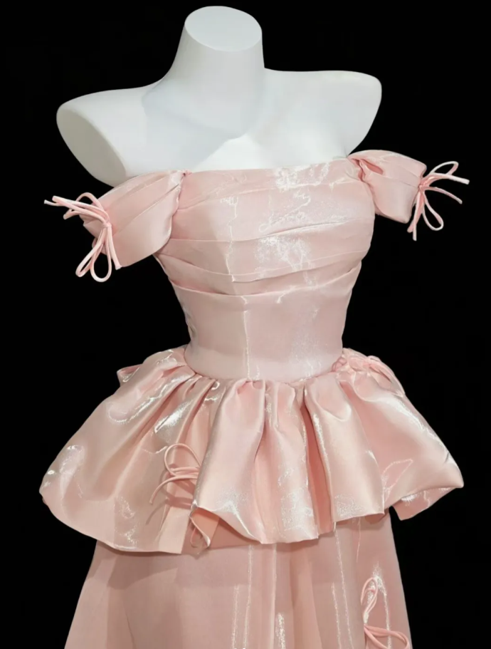 Pretty Pink Off The Shoulder Satin Long Birthday Party Dress Prom Gown With Bow D2332