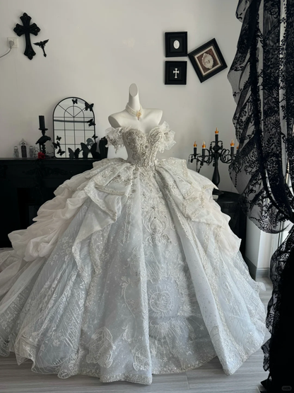 Gorgeous White Tulle Lace Beaded Long Wedding Dress,Off The Shoulder Bridal Dress D3698