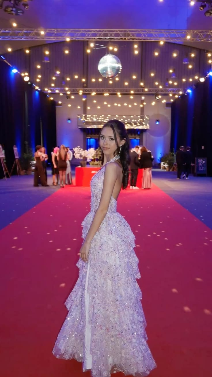 Glamorous Halter V Neck Lace Sequin Layered Long Evening Dress Pink Long Birthday Party Dress D5011