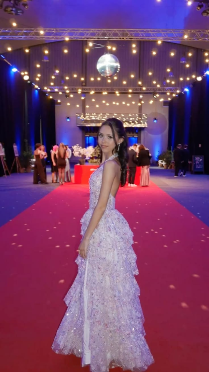 Glamorous Halter V Neck Lace Sequin Layered Long Evening Dress Pink Long Birthday Party Dress D5011