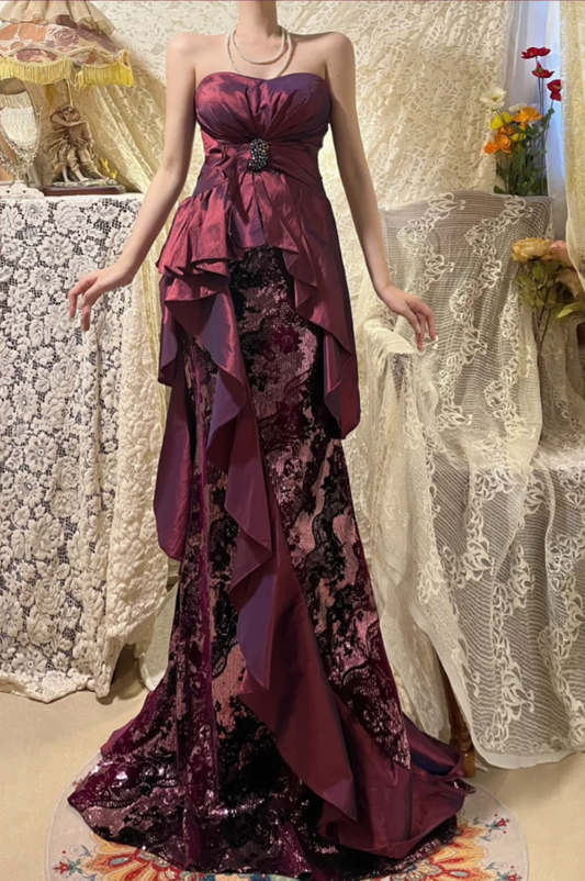Vintage Burgundy Satin Lace Mermaid Evening Dress Strapless Long Party Gown D2133