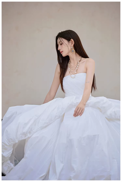 Charming Strapless White Satin Pleated Puff Birthday Party Dress Formal Prom Dresses D2413