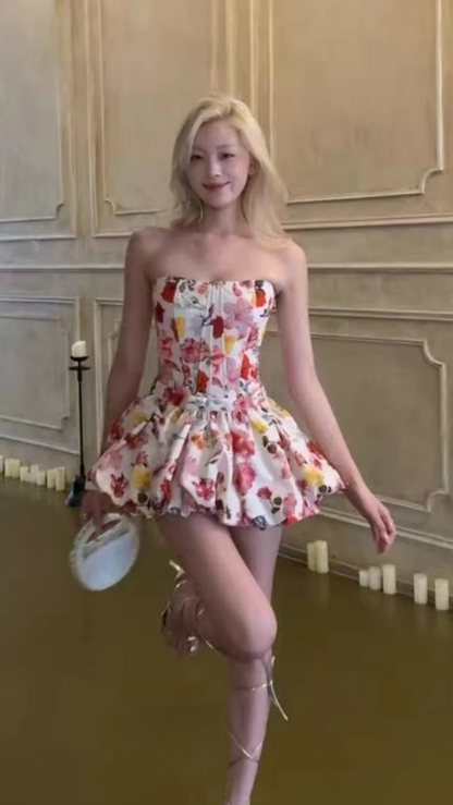 Pretty Strapless Satin Print Floral A Line Short 21st Birthday Outfits Homecoming Dress D797