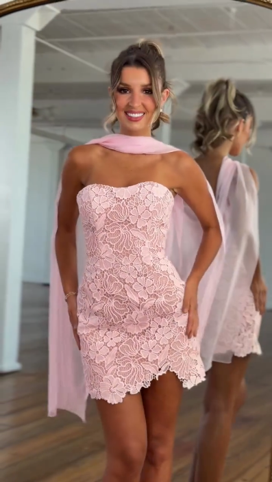 Glamorous Pink Lace Short 6th Grade Homecoming Dress Strapless Short Prom Dress D4374