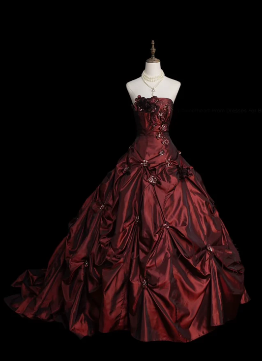 Retro Ball Gown Strapless Burgundy Satin Pleated Appliques Beaded Quinceanera Dress Sweet 15 Dress D4896