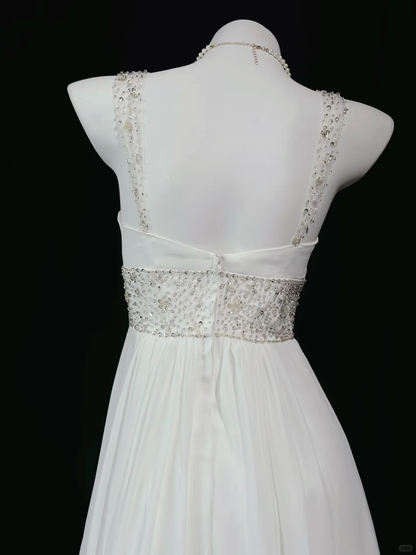 Pretty Spaghetti Straps White Chiffon Beaded A Line Long Evening Dress Birthday Prom Dress D2512