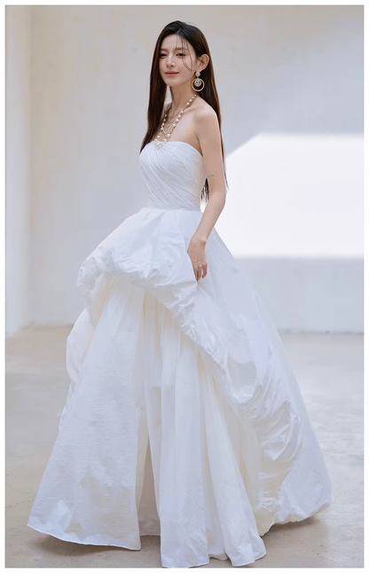 Charming Strapless White Satin Pleated Puff Birthday Party Dress Formal Prom Dresses D2413