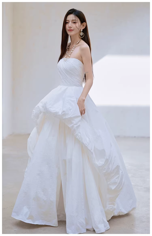 Charming Strapless White Satin Pleated Puff Birthday Party Dress Formal Prom Dresses D2413