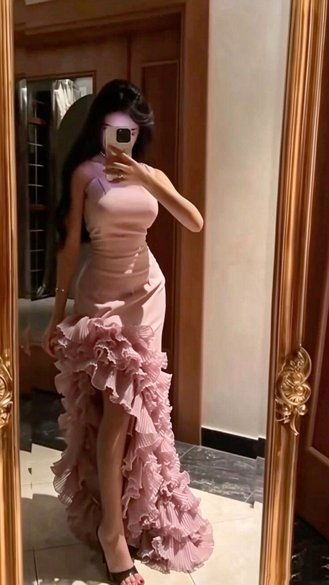 Pretty Pink Satin Tulle Mermaid Ruffles Long Party Dress Evening Gowns D5134