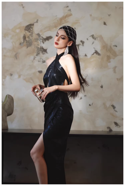 Sexy Black Halter High Slit Sheath Long Evening Dress Backless Prom Gowns D2412