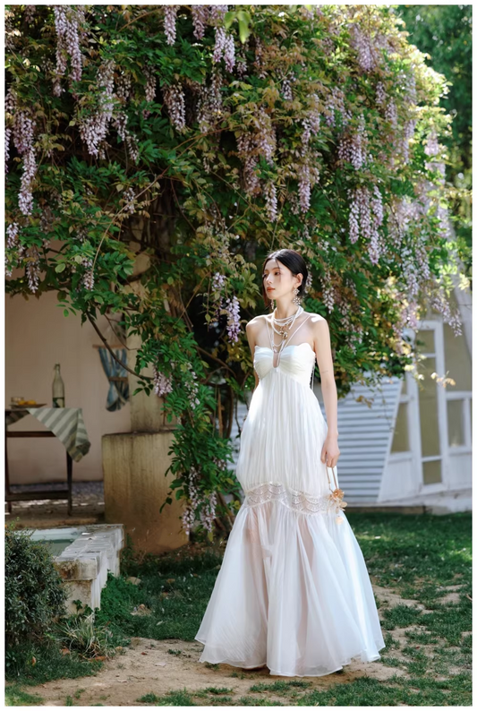 Pretty Spaghetti Straps White Tulle Lace Mermaid Long Prom Dress Evening Gown D2422