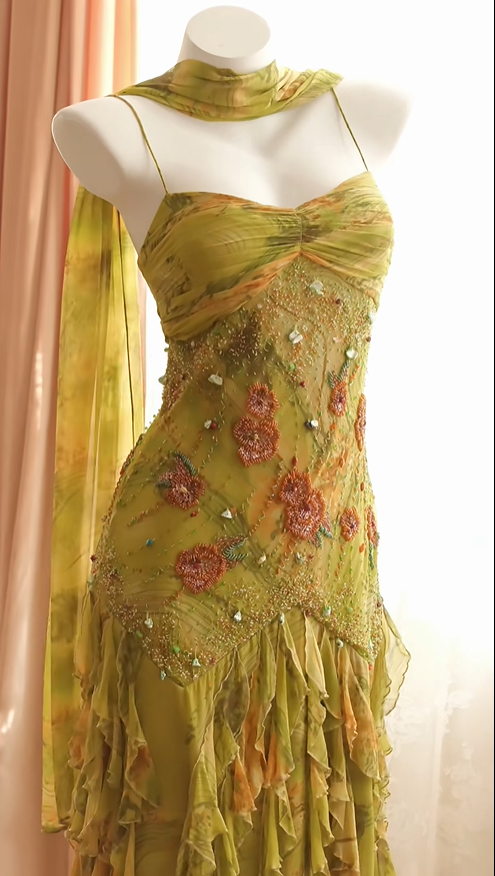 Unique Spaghetti Straps Chiffon Beaded Ruffles Evening Dress Olive Yellow Birthday Prom Gown D2720