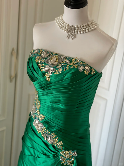 Fashion Green Strapless Satin Pleated Beaded Long Evening Dress Prom Dress D3108