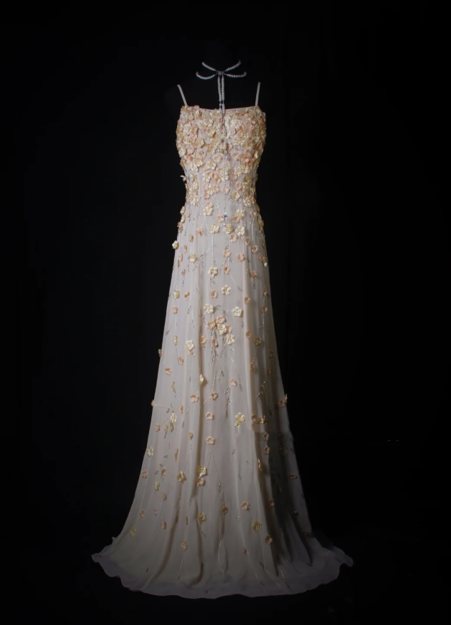 Fairy Spaghetti Straps Chiffon 3D Floral Beaded Mermaid Long Prom Dress Party Gown D2239