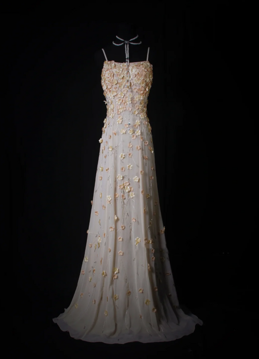 Fairy Spaghetti Straps Chiffon 3D Floral Beaded Mermaid Long Prom Dress Party Gown D2239