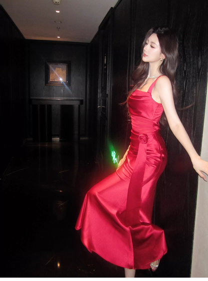 Pretty Red Spaghetti Straps Satin Pleated Mermaid Long Wedding Guest Dress Formal Evening Dress D2180