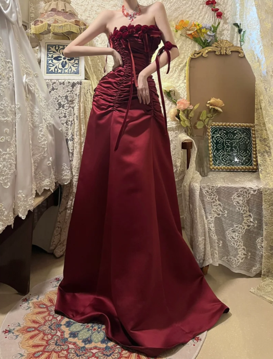 Pretty Strapless Burgundy Satin Pleated Mermaid Party Dress Long Wedding Guest Dress With 3D Flowers D2055