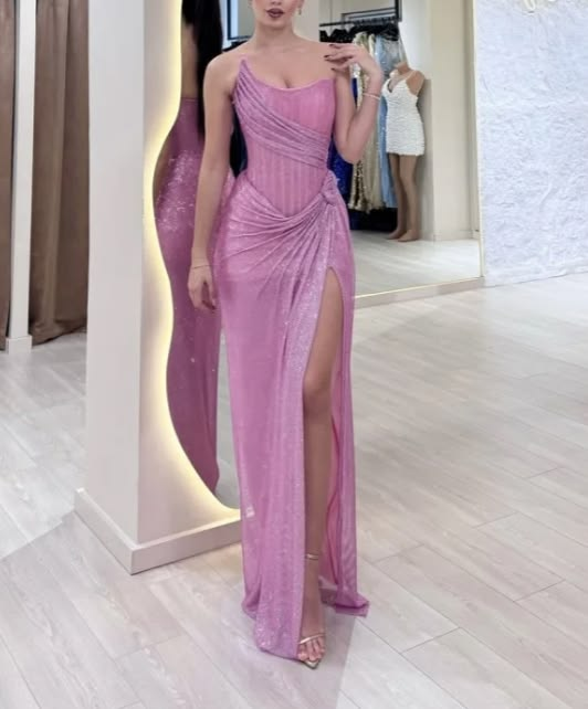 Glamorous Pink Sequin Slit Sheath Long Prom Dress Strapless Long Party Gown D5124