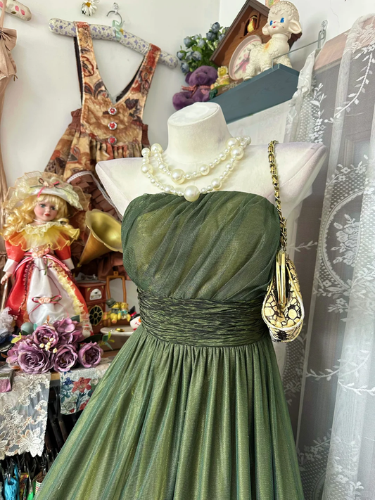 Vintage Olive Green Strapless Tulle Satin Long Party Dress Birthday Prom Dress D3213