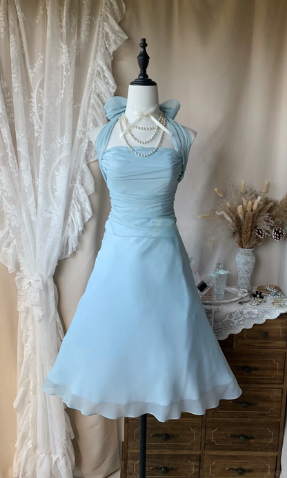Simple Blue Halter Chiffon A Line Short Homecoming Dress Birthday Dress D3179