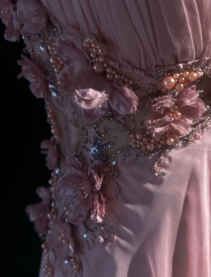 Classy V Neck Chiffon Beaded Appliques Long Evening Dress,Pink Mermaid Birthday Prom Gown Formal Wedding Guest Dress D2020