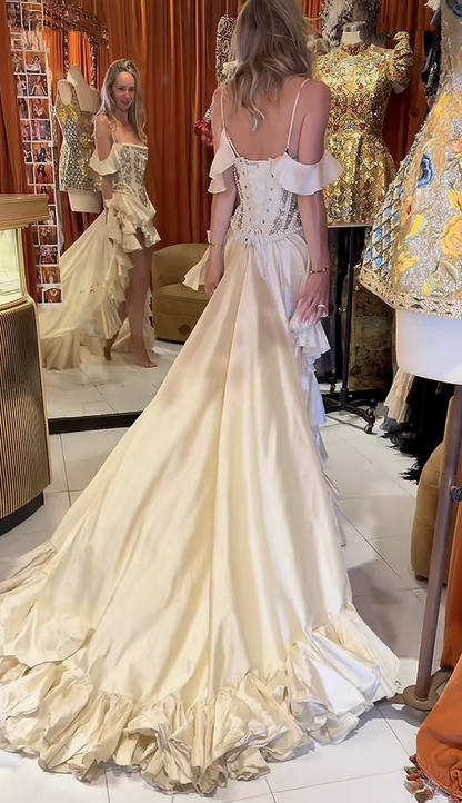 Pretty Ivory Off The Shoulder Satin Beaded Ruffle Long Evening Dress Birthday Prom Dresses D4628