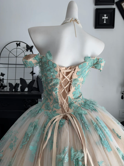 Charming Mint Green Tulle Lace Sequin Floral Sweet 16 Dress Off The Shoulder Birthday Quinceanera Dress D4706
