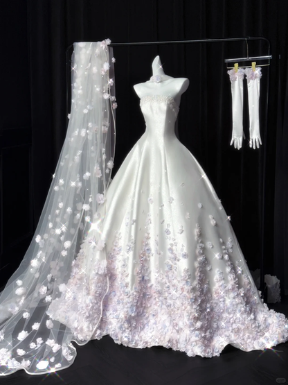 Glamorous White Strapless Satin Beaded Floral Long Wedding Dress Bridal Dress D3080