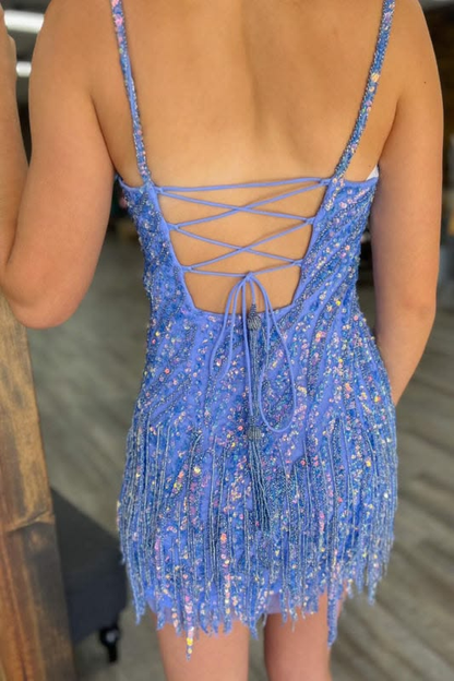 Sparkly Spaghetti Straps Gold Sequin Tassel Short Party Dress Homecoming Dress D4665