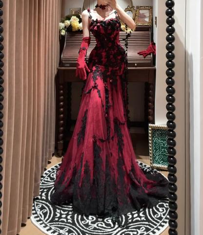 Charming Spaghetti Straps Burgundy Lace Appliques Beaded Mermaid Long Party Dress Evening Dress With Flowers D2050
