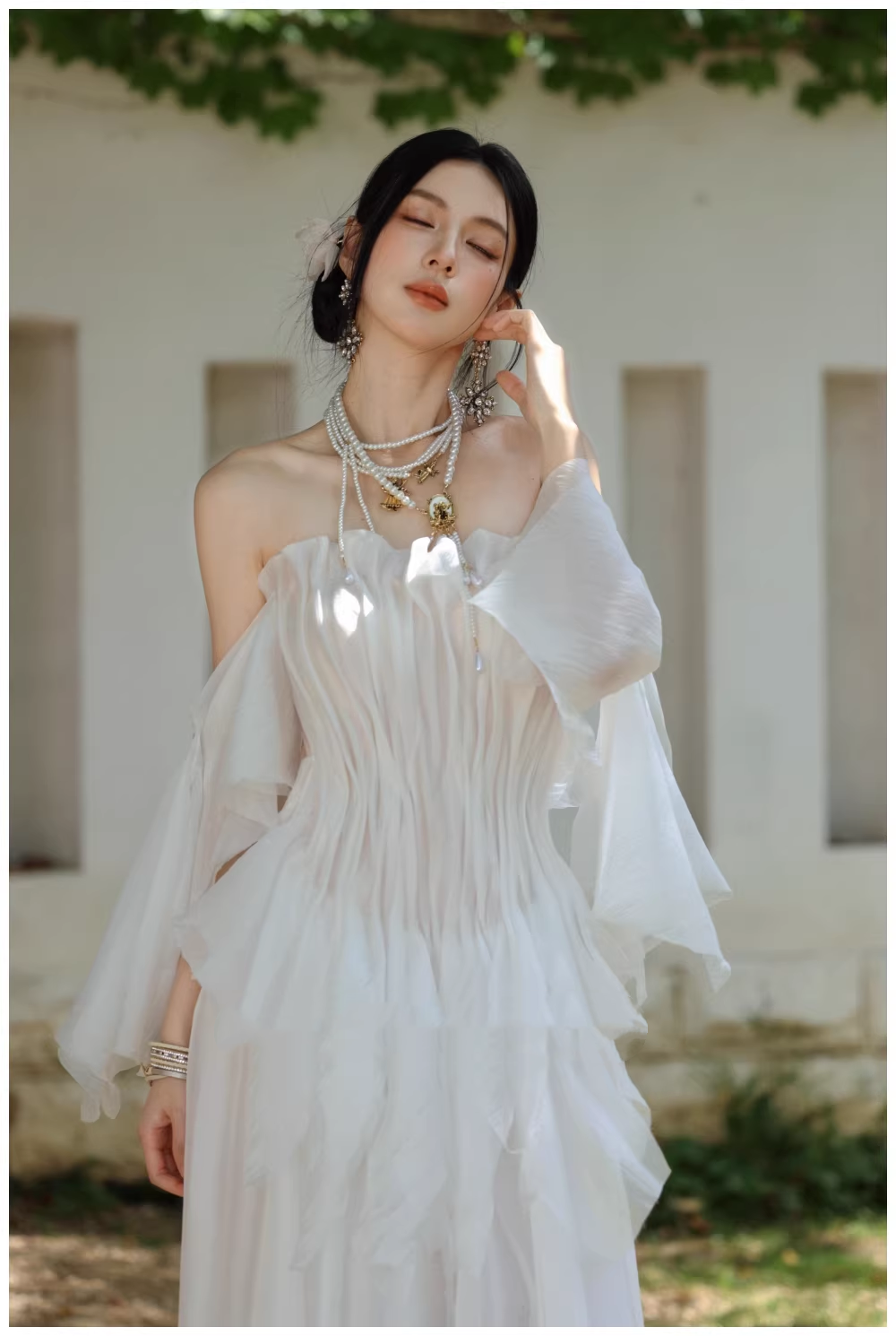 Fairy Off The Shoulder White Chiffon Pleated Pearls Long Party Dress Birthday Evening Gown D2411